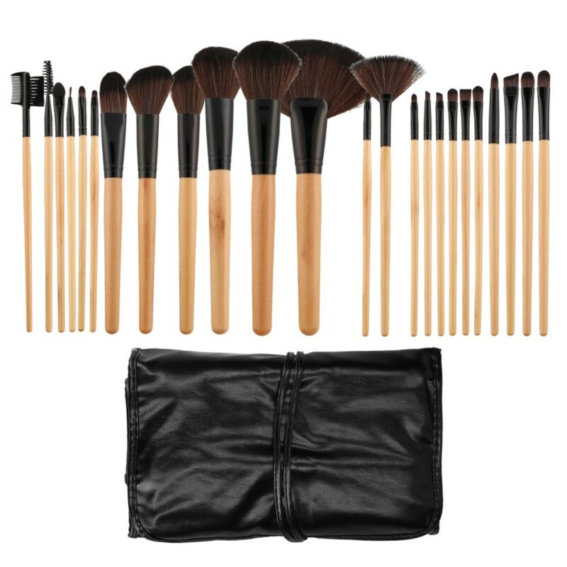 24Pcs Makeup Brush Set with Pouch - Wooden Black